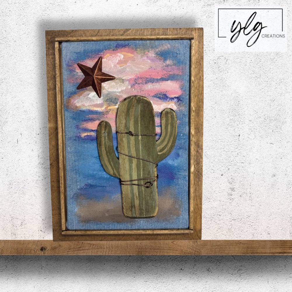 Mixed Media Wall Art Saguaro Cactus Scene Sunset Stars Desert Southwest 6 x 8